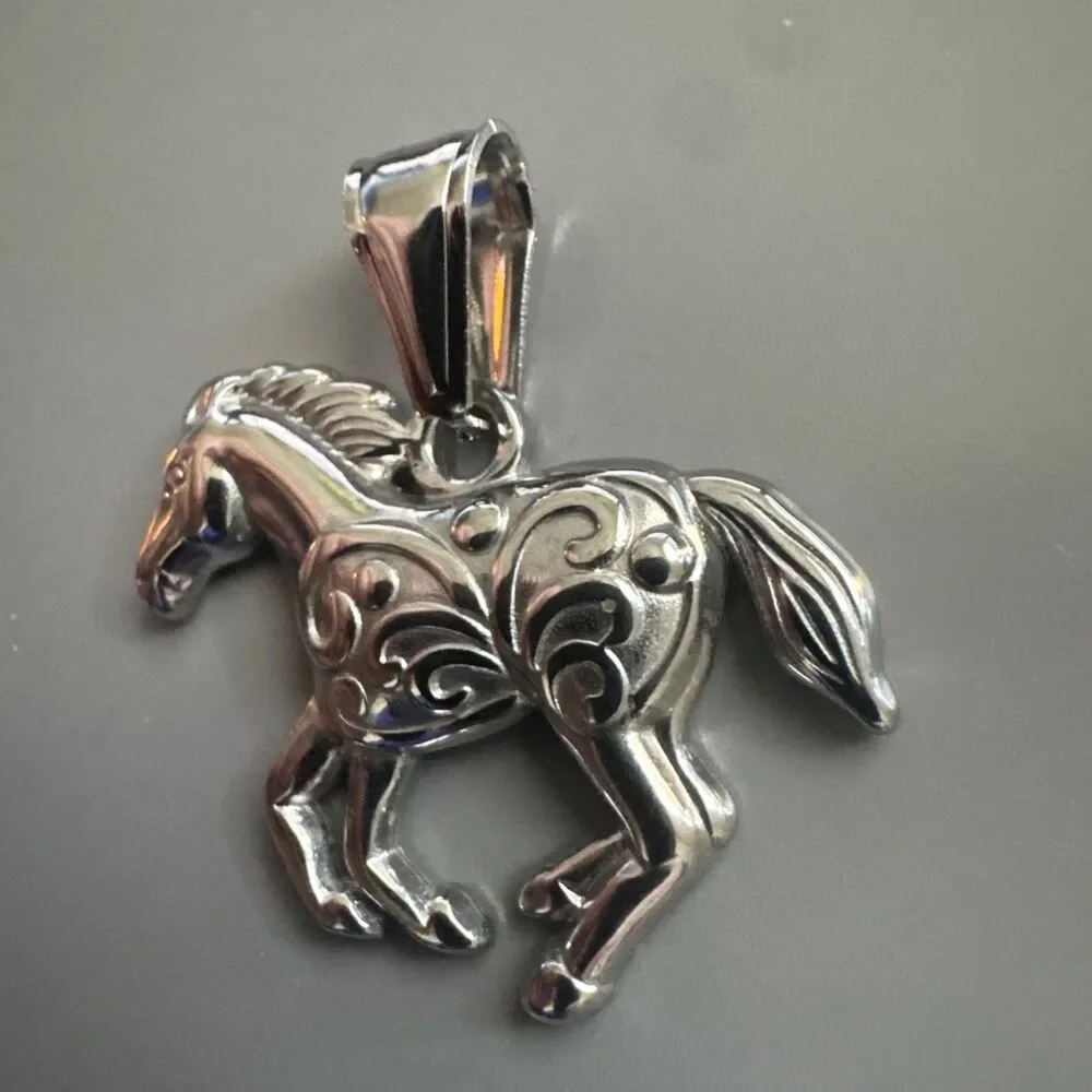 Horse Pony Silver Plated Stainless Steel Pendant 24 Inch Chain Men’s Racing Gift